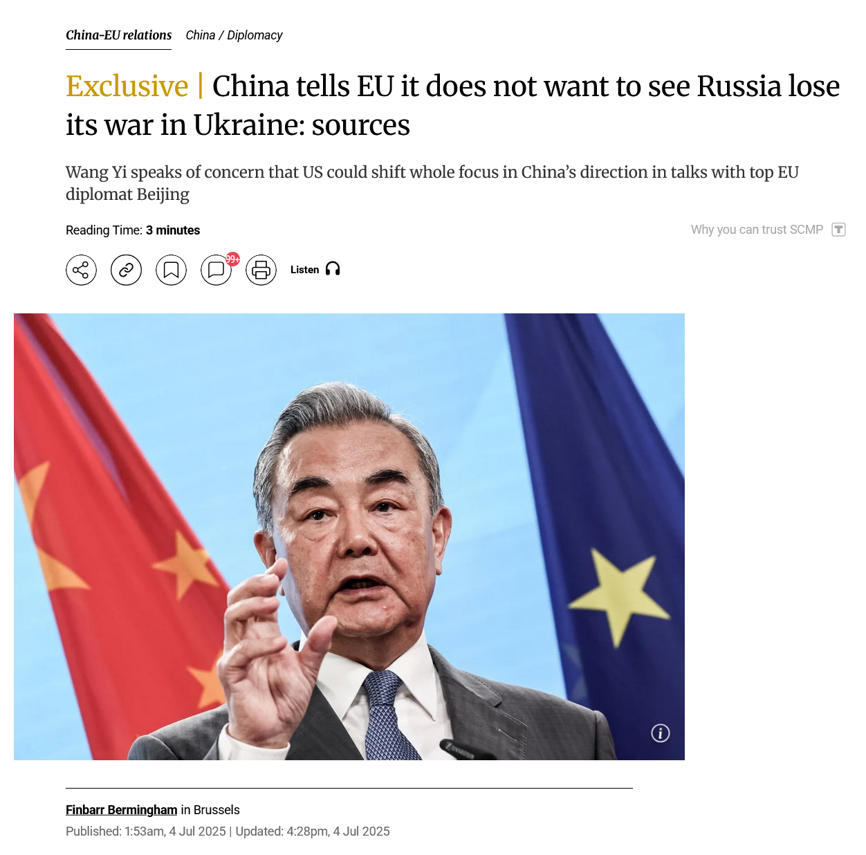 SCMP/ China-Außenminister sagt EU, dass China nicht wünscht, dass RUS den Ukraine-Krieg verliert