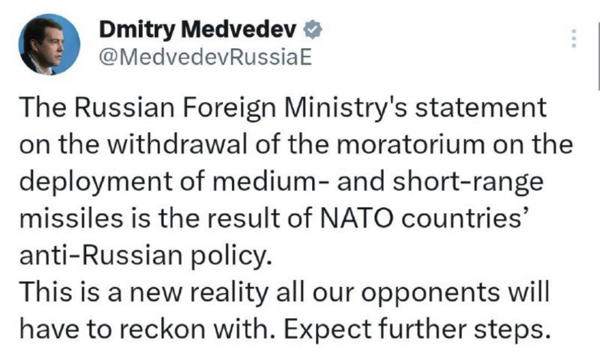 Full Text/ RUS hebt Selbestbeschränkung auf: Mittelstrecken-Raketen-Moratorium zu ende