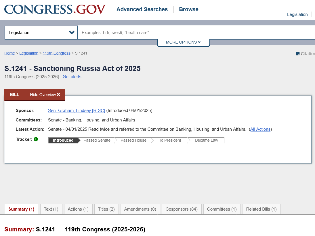 US-Kongress/Gesetze gegen Russland: Full Text der ersten 3 Gesetze die zur Verabschiedung vorgesehen sind