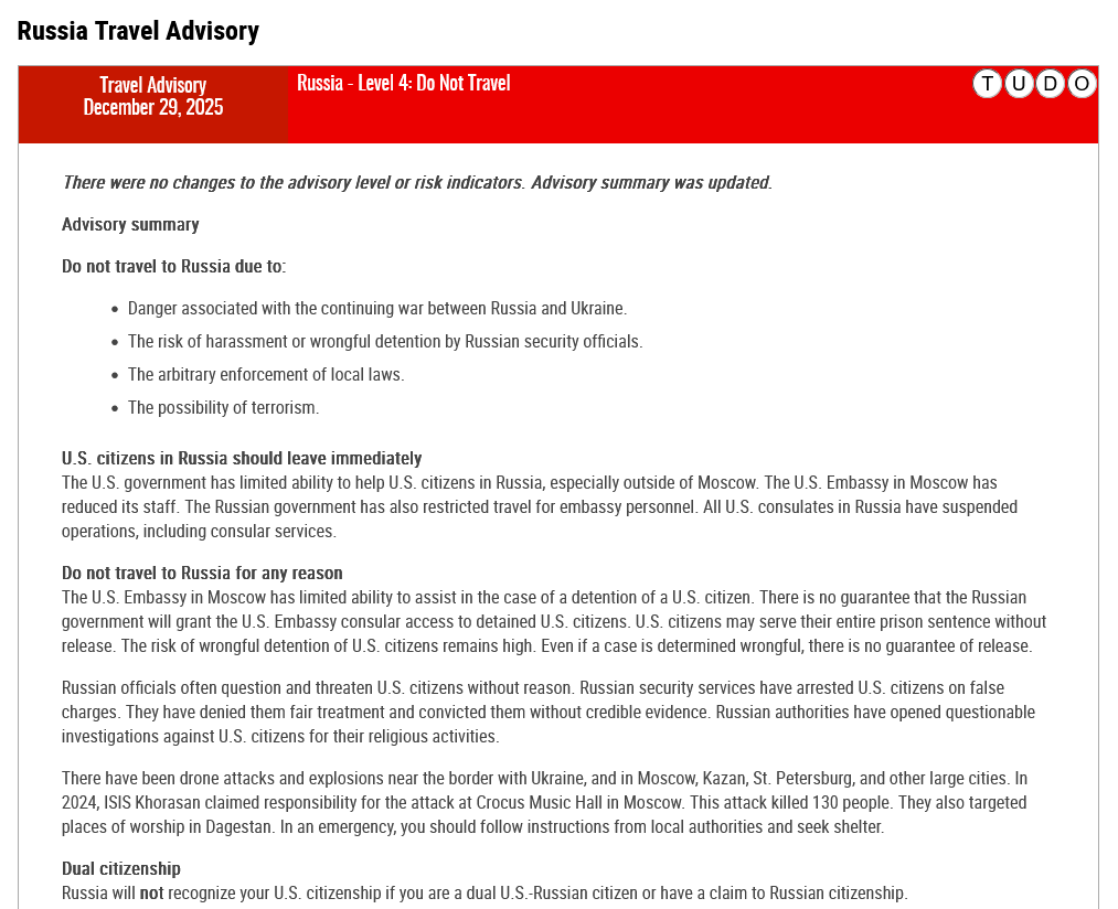 USA: Reisewarnung für Russland verschärft: Do not travel to russia … ! Full text= Level 4= höchste Stufe