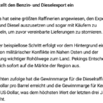 China stellt Benzin+Diesel-Export ein: PHL +AUS +SGP direkt/ EU massiv indirekt-direkt betroffen