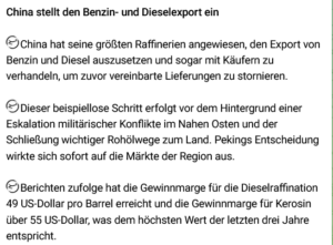 China stellt Benzin+Diesel-Export ein: PHL +AUS +SGP direkt/ EU massiv indirekt-direkt betroffen