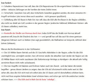 Iran: 3 Forderungen, 1 Fixierung (Kontrolle der Straße von Hormus)= USA können nicht zustimmen