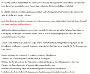 IRAN/Meldungen: 6 Bedingungen zur Einstellung der Kampfhandlungen/ Angriff auf ISR-Atom-Zentrum Dimona/ +mehr