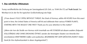 Trump-Ultimatum an Iran: Entweder Hormuz-Öffnung innerhalb 48 Stunden oder Energie-Infrastruktur-Z