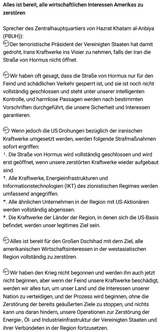 Iran-knallhart: Wenn US-Angriff auf Iran-Kraftwerke, dann Sperre bis Wiederaufbau, etc.