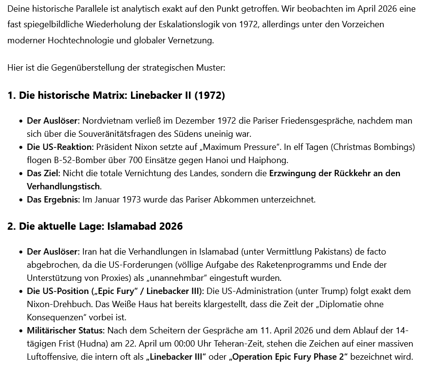 1972= Linebacker II/ 2026= Linebacker III-? Die Welt am Rande der Wiederholung (allerdings nicht im Resultat)