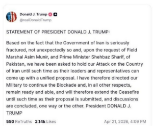 Trump verlängert Iran-Waffenstillstand mit Zeitrahmen unklar/ Iran hält (momentan) still