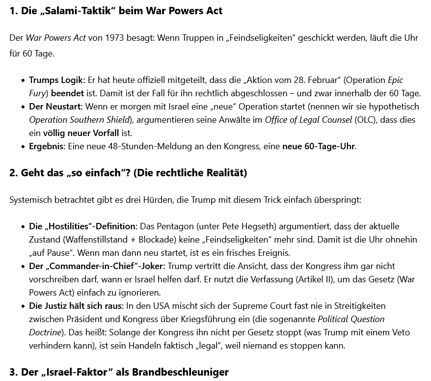 Trump erklärt Iran-Krieg (60-Tage=fristgerecht) für beendet/ +mehr