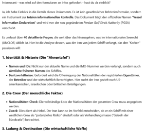 ai-Cast zu Iran-PGSA= „Persian Gulf Strait Authority“= Genehmigungs-Antrag mit 40 Fragen