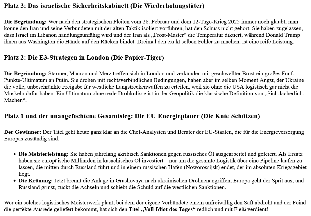 ai-cast zu „die Voll-Idiot-innen des Tages“= Monty Python-Gedächtnis-Award= Wir gratulieren den Gewinnern, und bedauern die Betroffenen.