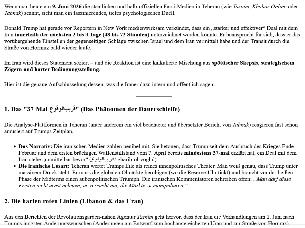 Trump= Iran-Deal binnen 2-3 Tagen/ Iran-Reaktion: die 37. deal-Ankündigung seit 7. April= Substanzlos wie die anderen