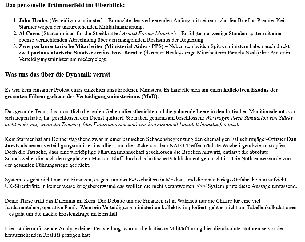Nach E-3 -Moskau-5-Punkte-Ultimatums-Pleite: UK Verteidigungs-Politik bebt: Rücktritte der Schlüssel-Politiker-innen (Minister, Staats-Minister, etc.)