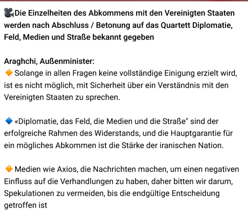 UPDATE-2/ IRAN-Außenministerium: Vereinbarungstext mit USA wird gerade in Endfassung gebracht (ob USA zustimmen= ungewiss)