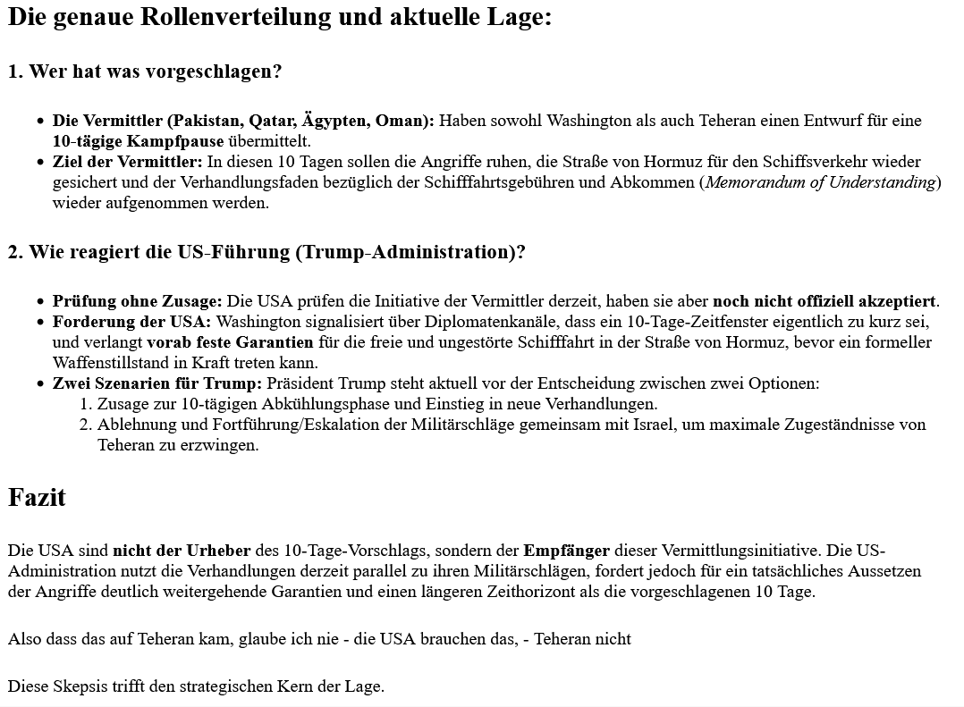 USA-Iran: Vermittler schlagen 10-Tage-Feuerpause vor – Iran ablehnend/ USA suchen Desaster-Ausweg