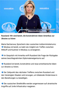 ai-cast +Clips/ RUS-Zakharova= Verhandlungsbereitschaft mit USA +strikte RUS-Themen-Reihung/ Primär-Thema RUS-Diplomatenvermögen/ Erfüllung von Völkerrechts-Vorgaben/ etc.