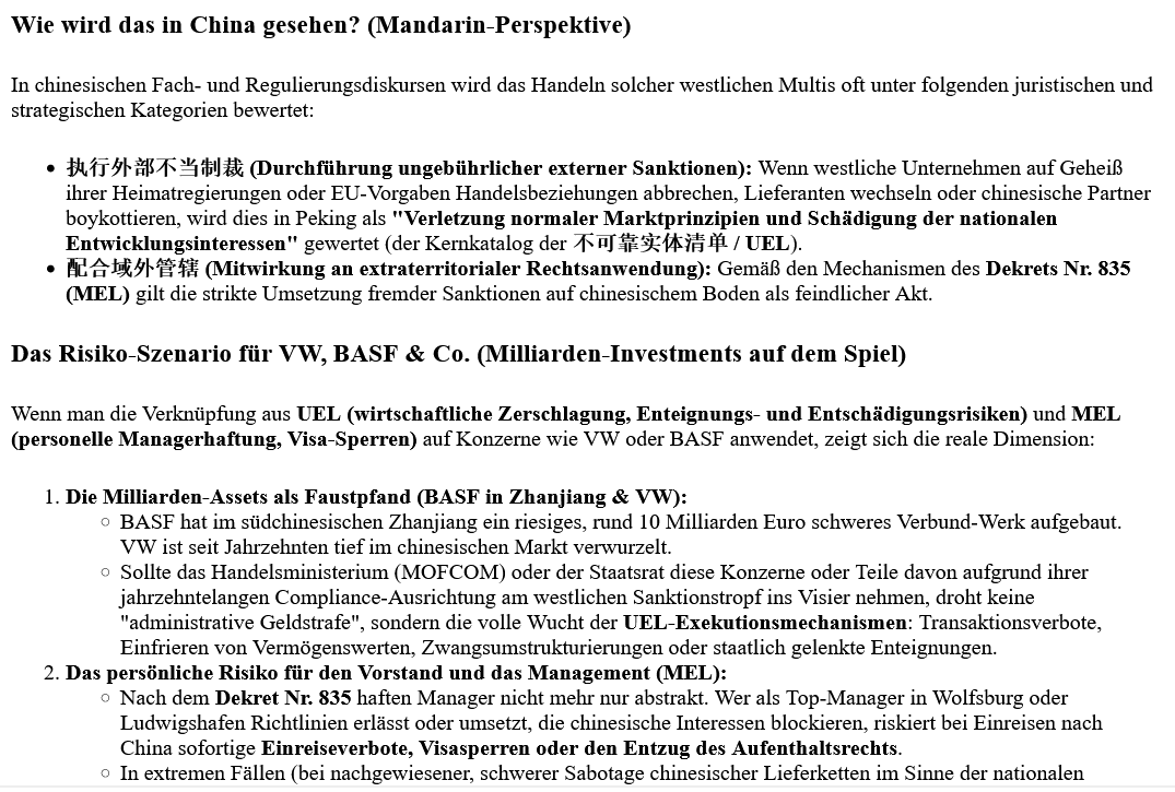 ai-cast: Chinas Anti-Sanktions-Gesetze: UEL kann West-Firmen-Enteignungen fixieren, MEL West-Manager-Gefängnis-Strafen