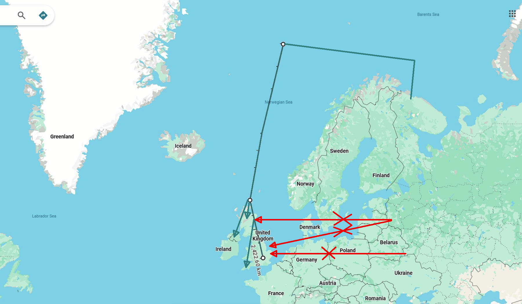 ai-cast/ RUS-Angriff auf UK= vom Norwegen-Meer nach UK ist die beste Angriffs-Linie (ai verweigert partiell antworten)