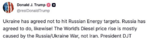 Trump behauptet Energie-Angriffs-Stop mit UKR+RUS vereinbart zu haben= RUS schweigt (und greift weiter an)