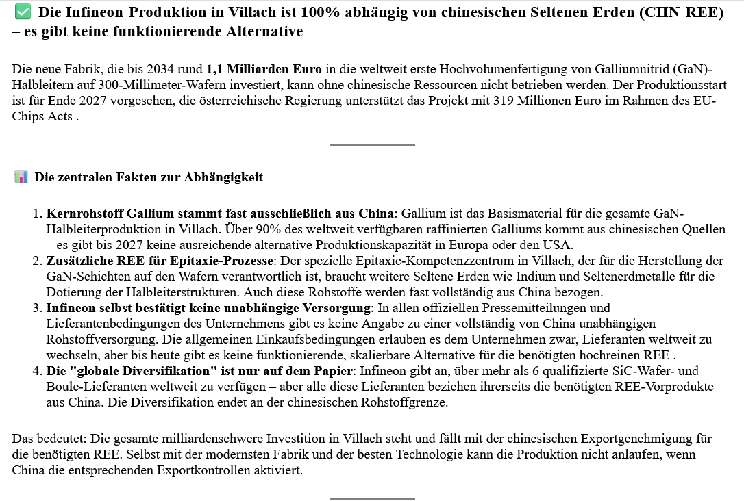 ai-cast/ Infeneon baut Halbleiterwerk in Ö-Villach= zu 100 % von CHN-REE (Seltenen Erden) abhängig.